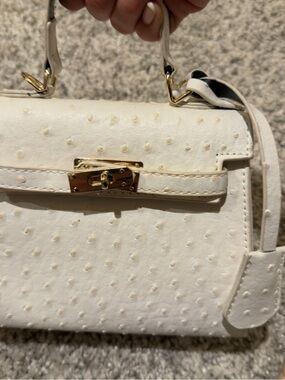White ostrich embossed mini top handle bag kelly inspired crossover purse
